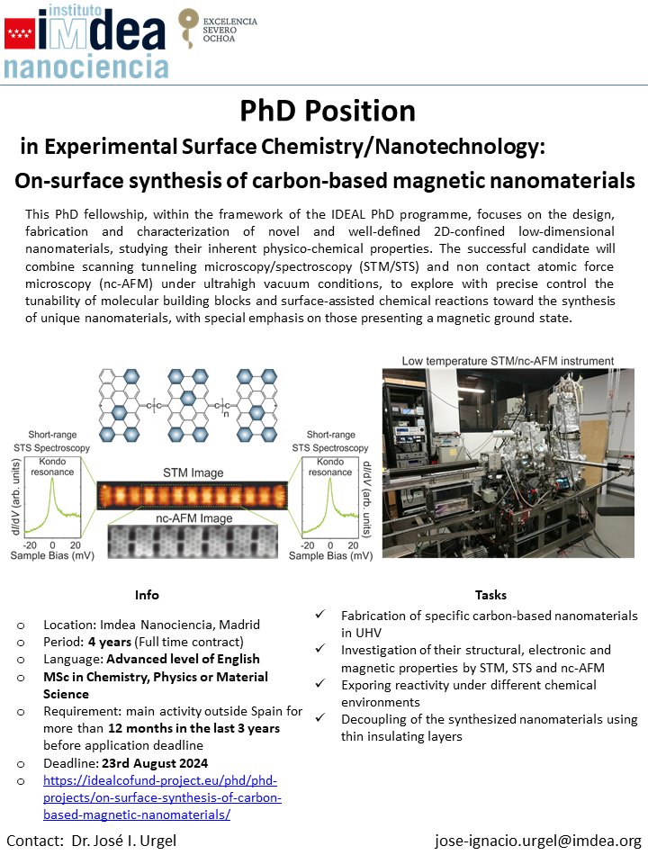 Nacho Urgel (@nacho_urgel) on Twitter photo 📢The "ideal PhD programme" from IMDEA Nanoscience is open📢
Are you interested in on-surface synthesis and molecular magnetism? Apply with us📩
🗓️Deadline: August 23
Read more details here: idealcofund-project.eu/phd/phd-projec…
<a href="/IMDEA_Nano/">IMDEA Nanociencia 🔬</a> <a href="/MSCActions/">Marie Skłodowska-Curie Actions</a> <a href="/HorizonEU/">Horizon Europe 🇪🇺</a> 📢The "ideal PhD programme" from IMDEA Nanoscience is open📢
Are you interested in on-surface synthesis and molecular magnetism? Apply with us📩
🗓️Deadline: August 23
Read more details here: idealcofund-project.eu/phd/phd-projec…
<a href="/IMDEA_Nano/">IMDEA Nanociencia 🔬</a> <a href="/MSCActions/">Marie Skłodowska-Curie Actions</a> <a href="/HorizonEU/">Horizon Europe 🇪🇺</a>