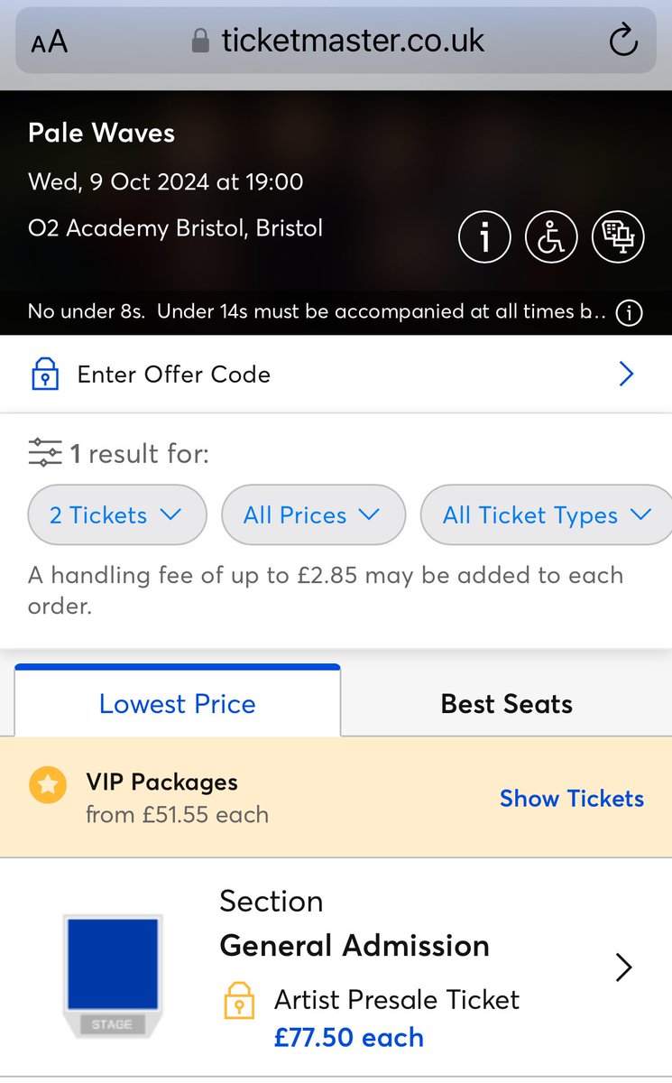 Hannoman3's tweet photo. @TicketmasterUK @O2AcademyBris Why are @palewaves tickets £77 when everywhere else is £25??

Surely it’s an error? https://t.co/D5Cb6zAlrV
