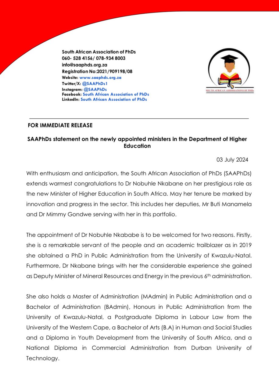 SAAPhDs1's tweet photo. SAAPhDs statement on the newly appointed ministers in the Department of Higher Education
@SowetanLIVE
@eNCA
@SABCNews
@Radio702
@ewnreporter
@daily_thetha
@POWER987News
@KayaNews
@TimesLIVE
@Newzroom405
@SAfmRadio
@mailandguardian
@News24
@SundayWorldZA
@SundayTimesZA
@IOL https://t.co/UnSjPOAYlu