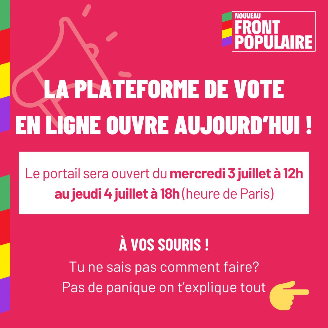 🗳 Français·es de l'étranger vous avez seulement quelques heures pour voter par internet pour le #NouveauFrontPoplulaire ici : votefae.diplomatie.gouv.fr/pages/identifi…
💚 Trouver toutes les explications et les aides nécessaires pour le vote en ligne ici : hors-de-france.lesecologistes.fr/posts/X5z03n1N…
