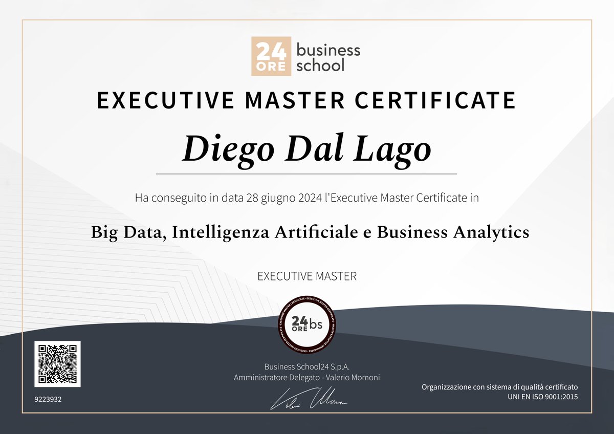 Ho appena conseguito il #Master in Big Data, Intelligenza Artificiale e Business Analytics scq.io/ZyBLkz7