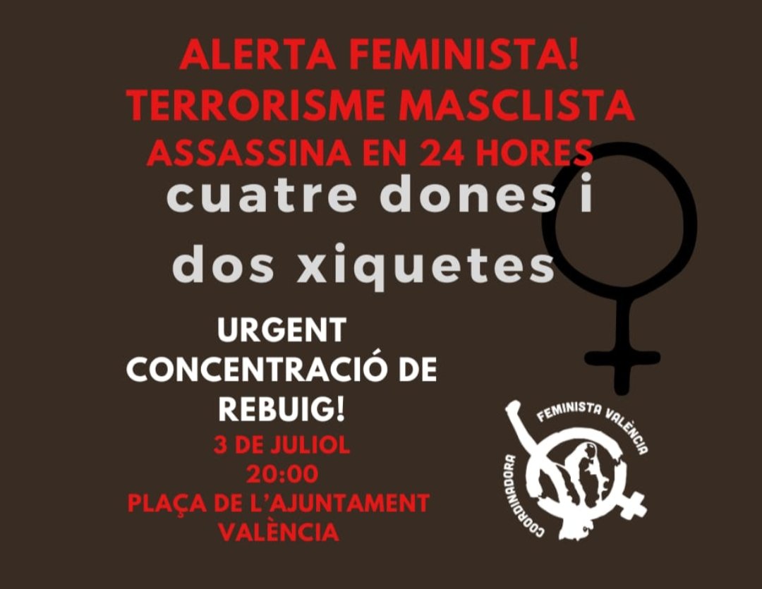 viroolf's tweet photo. Terrorisme masclista!
Ens estan assassinant 💔
📍Concentracions a València i Alacant https://t.co/6pBPSx5kBU
