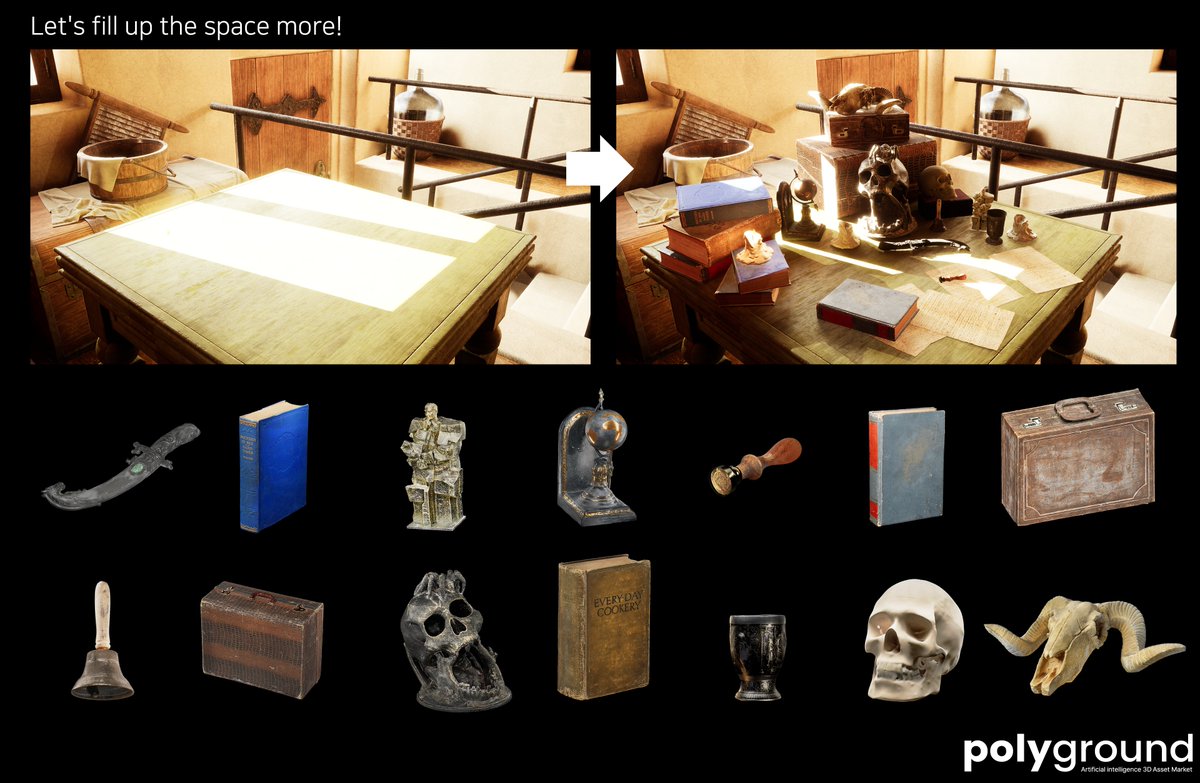Polyground_ai's tweet photo. Hi! I'm Jeff from Polyground (POG). Creating small 3D assets can be tedious. POG's pre-made models enhance environment quality. See below for examples. https://t.co/Yu11AG3dBA