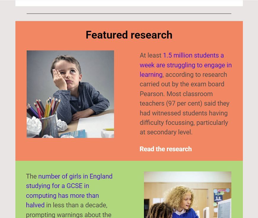 In this week's research roundup:
1. 1.5m students/week struggling to engage in learning
2. Number of girls studying GCSE computing more than halved in 10 years
3. Calls for the next government to appoint a dedicated chief EY officer

Subscribe:
➡️buff.ly/3U0O43c