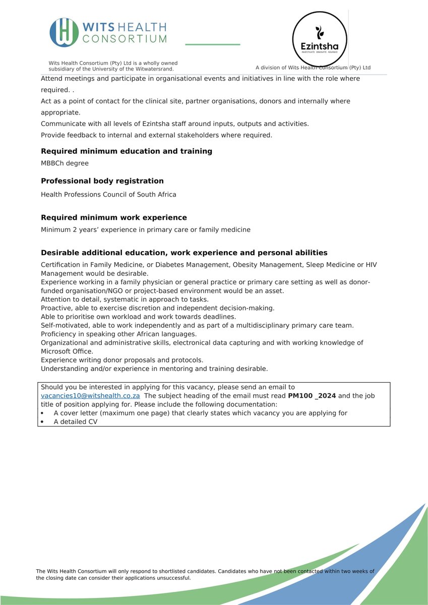 📢 Join Our Team! We're Hiring a Medical Officer for Non-Communicable Diseases at Ezintsha 📢

Apply now!
🩺 Position: Medical Officer
📍 Location: Parktown, Ezintsha
 📅 Closing Date: 10 July 2024 

 #HealthcareJobs #Ezintsha #MedicalOfficer #JoinOurTeam