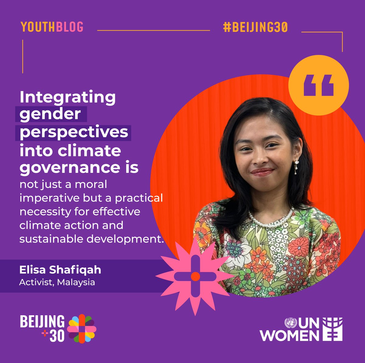 unwomenasia's tweet photo. "Women have demonstrated exceptional leadership in grassroots climate action, yet their contributions are often overlooked in formal governance structures," says climate advocate Elisa Shafiqah from #Malaysia 🇲🇾.
🔗 Read her #YouthBlog: https://t.co/ELTswix0kV
#Beijing30 https://t.co/zd41Ll0RTn