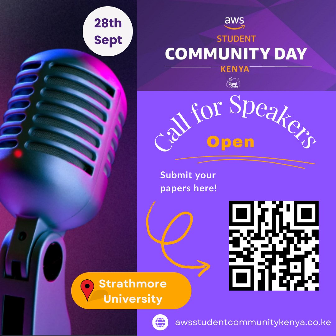 🎤 23 Days to Go! 
🚀 Calling  tech enthusiasts and experts! 🌟
AWS SCD Kenya is seeking 🎙️dynamic speakers 🎙️for tracks in Infrastructure &amp; Security, Serverless &amp; DevOps, and AI &amp; ML.  Scan the QR code on the poster to submit your session.

#AWSSCDKenya #CloudKenya #TechInKenya