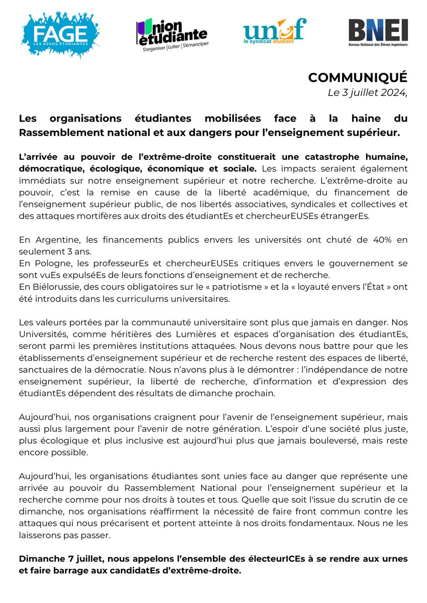 FAGE (@la_fage) on Twitter photo Communiqué | La FAGE, l'<a href="/unionetudiante_/">L’Union Étudiante</a> , l'<a href="/UNEF/">UNEF</a> et le <a href="/BNEIassos/">BNEI - Bureau National des Élèves Ingénieurs</a> sont mobilisés face à la haine du Rassemblement national et aux dangers pour l'enseignement supérieur ⚠️ Communiqué | La FAGE, l'<a href="/unionetudiante_/">L’Union Étudiante</a> , l'<a href="/UNEF/">UNEF</a> et le <a href="/BNEIassos/">BNEI - Bureau National des Élèves Ingénieurs</a> sont mobilisés face à la haine du Rassemblement national et aux dangers pour l'enseignement supérieur ⚠️
