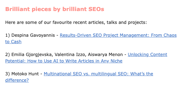 Today's <a href="/techseowomen/">Women in Tech SEO</a> newsletter made my day. Yay!!  Featured with the best. 
<a href="/me__emi__/">Emilia</a> <a href="/ValeIzzo86/">Valentina</a> 🩷