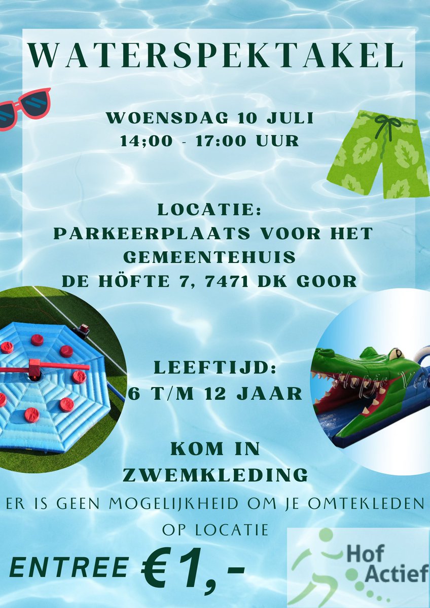 Het Schoolfeestplein wordt op woensdag 10 juli omgebouwd tot een groot waterspektakel met verschillende (water)attracties.
Van tevoren aanmelden is niet nodig dus kom gerust langs. 
Meer details op goorsvictorie.nl. 
#waterspektakel #waterattracties #zwemkleding