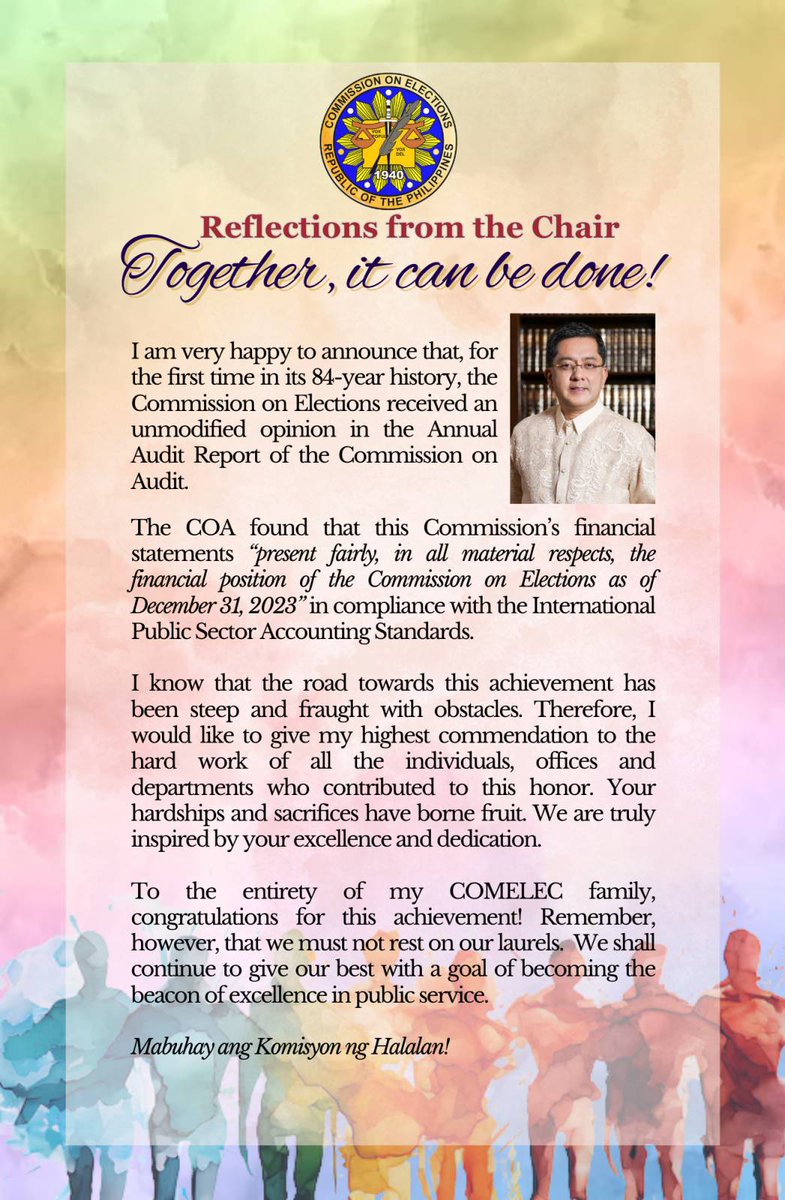ChairGEGarcia's tweet photo. I am very happy to announce that, for the first time in its 84-year history, the @COMELEC received an unmodified opinion in the Annual Audit Report of the COA

To the entirety of COMELEC family, congratulations for this achievement!

Mabuhay ang Komisyon ng Halalan! https://t.co/fpEX14pyqb