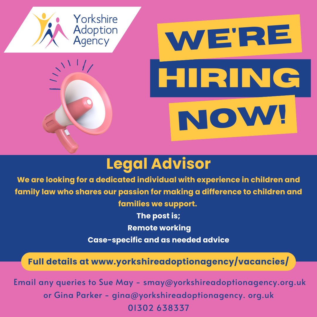 Y_Adopt's tweet image. Please share our post!

Visit our website for the full job description and to register your interest.

yorkshireadoptionagency.org.uk/vacancies/

#YorkshireAdoptionAgency #familylawuk #WeAreHiring #LegalServices #LegalAdvisor #LegalAdvisors #VacancyNews #UKAdoption #law