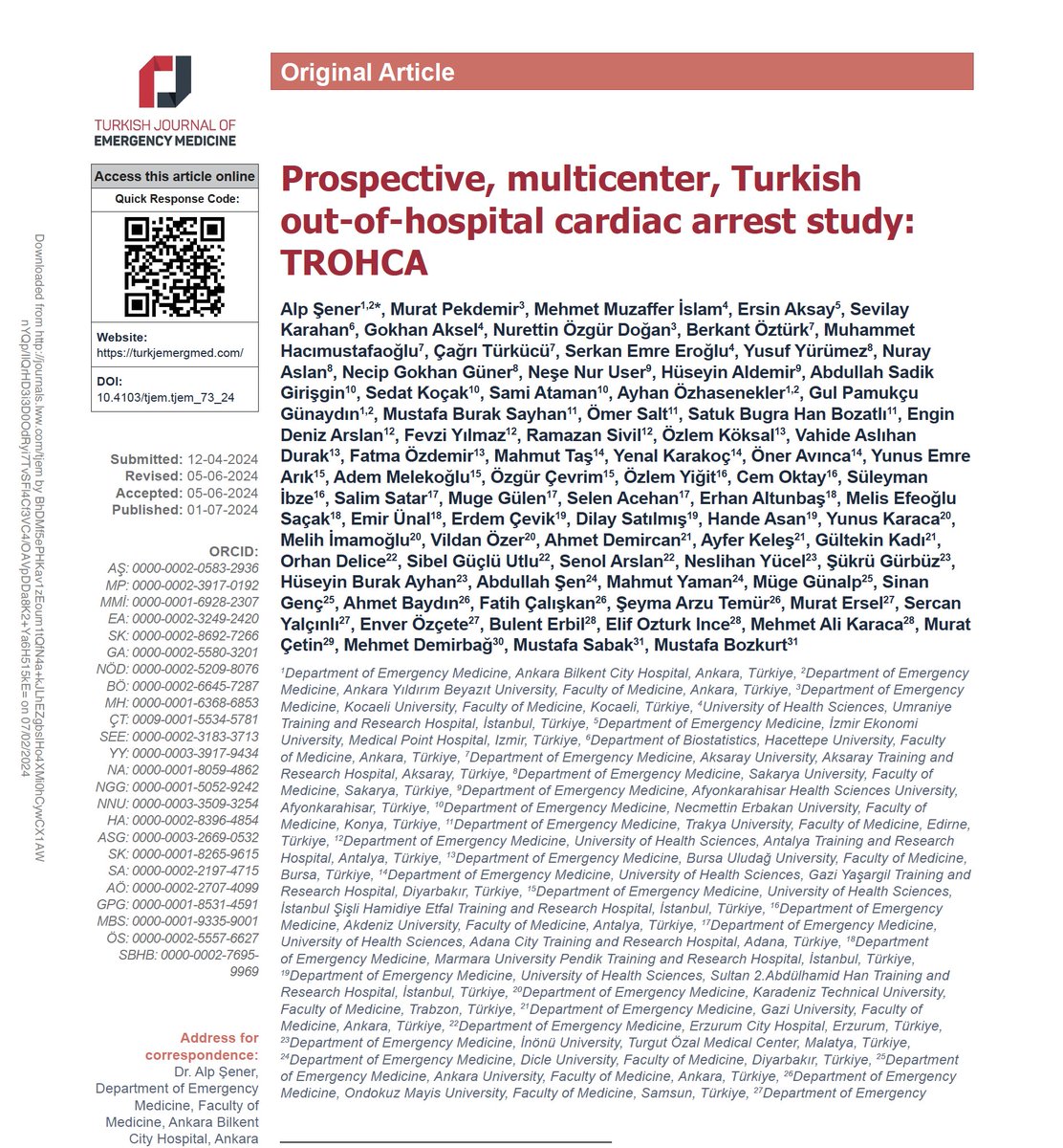 Hastane Dışı Kardiyak Arrest konusunda ülkemizde yapılan ilk "Prospektif, Çok Merkezli" çalışma TATD resmi yayın organı Turkish Journal of Emergency Medicine dergisinde yayınlandı; turkjemergmed.com/abstract/881 <a href="/TurkJEmergMed/">Turk J Emerg Med</a> <a href="/TrTATD/">Türkiye Acil Tıp Derneği - TATD (EMAT)</a> <a href="/TATD_Res/">TATD Resüsitasyon Çalışma Grubu</a> <a href="/AKOM_TATD/">AKOM</a>