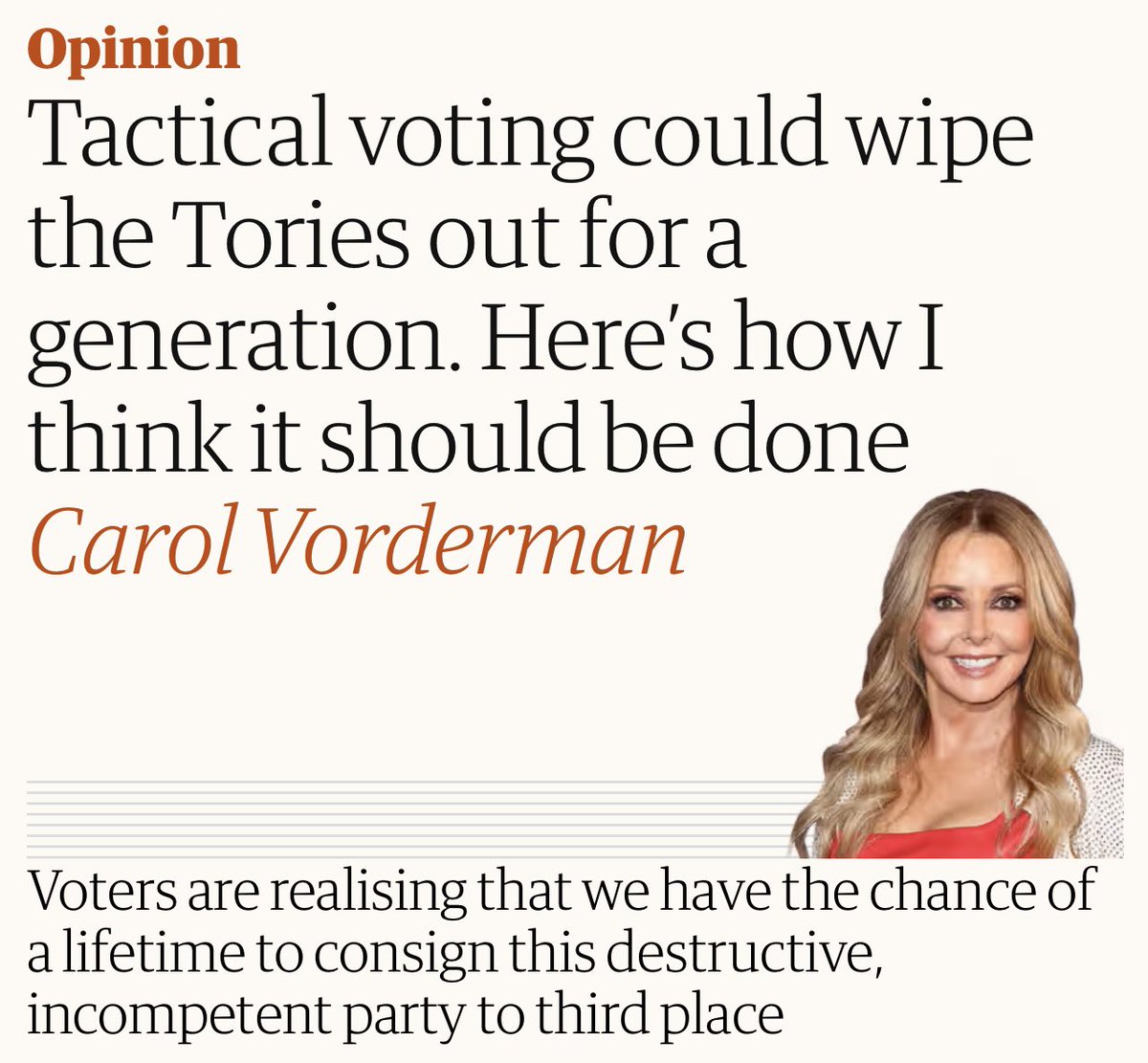 carolvorders's tweet image. JUST OUT
"Tactical voting could wipe the Tories out for a generation. Here’s how I think it should be done” @guardian

Stopthetories.vote 
Now over FOUR MILLION views
Link⏬️
#ToriesOut #ToryWipeout2024 
theguardian.com/commentisfree/…
