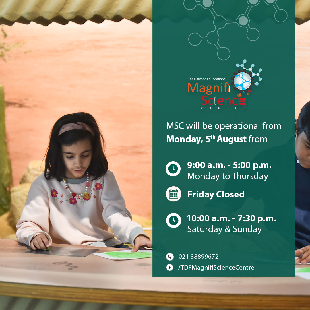 Please note that TDF's MagnifiScience Centre will be open during regular hours starting 5th August 2024. 

Visiting hours: 
9:00 a.m. to 5:00 p.m., Monday to Thursday 
Closed, Friday
10:30 a.m. to 7:30 p.m. Saturday and Sunday

#MagnifiScience #Announcement #Scienceisforeveryone