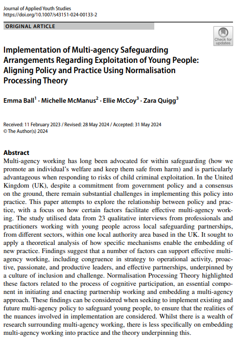Public Health @ LJMU (@ljmuphi) on Twitter photo 🚨See our latest paper by PhD student <a href="/emmajball1/">Emma Ball</a> & <a href="/ZaraQuigg/">Zara Quigg</a> <a href="/LJMU_EllieMc/">Ellie McCoy</a> <a href="/McManus_M_/">Prof Michelle McManus</a> examining implementation of multi-agency safeguarding arrangements regarding exploitation of young people.
Free open access here: rdcu.be/dMB5I 🚨See our latest paper by PhD student <a href="/emmajball1/">Emma Ball</a> & <a href="/ZaraQuigg/">Zara Quigg</a> <a href="/LJMU_EllieMc/">Ellie McCoy</a> <a href="/McManus_M_/">Prof Michelle McManus</a> examining implementation of multi-agency safeguarding arrangements regarding exploitation of young people.
Free open access here: rdcu.be/dMB5I