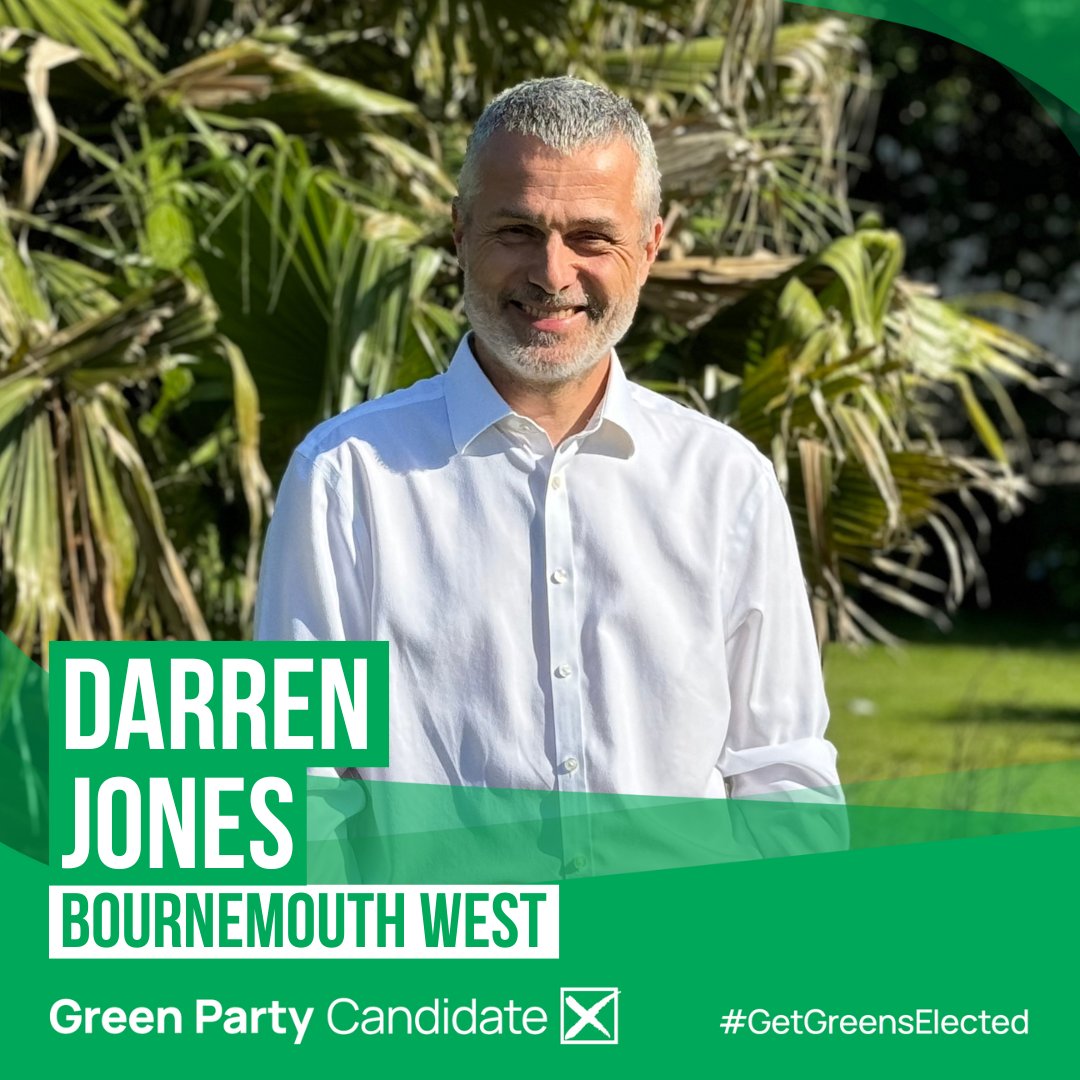 Vote DARREN JONES (<a href="/BmthWestGreen24/">Darren Jones</a>) for BOURNEMOUTH WEST

Darren has lived in Bournemouth his entire life. He lives in West Howe with his wife Tammie. He is self-employed in Music Technology + education, + performing music + online educational content

bcp.greenparty.org.uk/candidates/dar…
