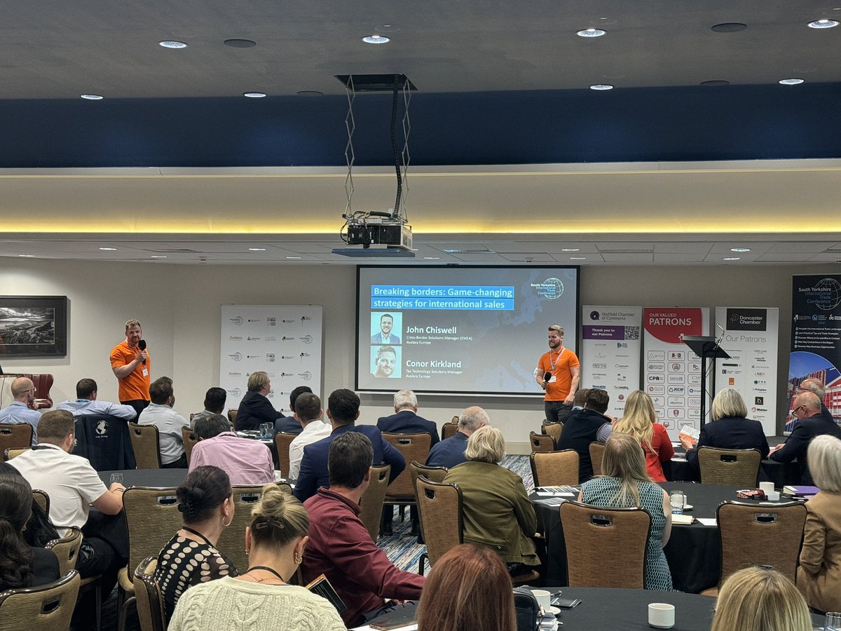 Our Headline Sponsors, @Avalara, are now addressing the South 
Yorkshire International Trade Conference. John Chiswell, CrossBorder Solutions Manager &amp; Conor Kirkland, Tax Solutions Manager,  are talking all things VAT and TAX &amp; how to navigate them
#SYITC24