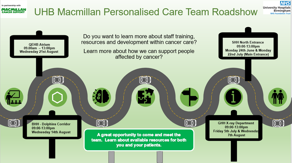 School of Nursing, AHPs and Midwifery (@uhb_son) on Twitter photo The Macmillan Personalised Care Team <a href="/uhbtrust/">University Hospitals Birmingham</a> are hosting roadshows to promote the services provided to patients with cancer & their families & there will be a range of training resources available for colleagues. Do pop by & meet the team! @UHBPreceptee <a href="/UHBCancer/">UHB Cancer Services</a> <a href="/UHBEducation/">UHB Education</a> The Macmillan Personalised Care Team <a href="/uhbtrust/">University Hospitals Birmingham</a> are hosting roadshows to promote the services provided to patients with cancer & their families & there will be a range of training resources available for colleagues. Do pop by & meet the team! @UHBPreceptee <a href="/UHBCancer/">UHB Cancer Services</a> <a href="/UHBEducation/">UHB Education</a>