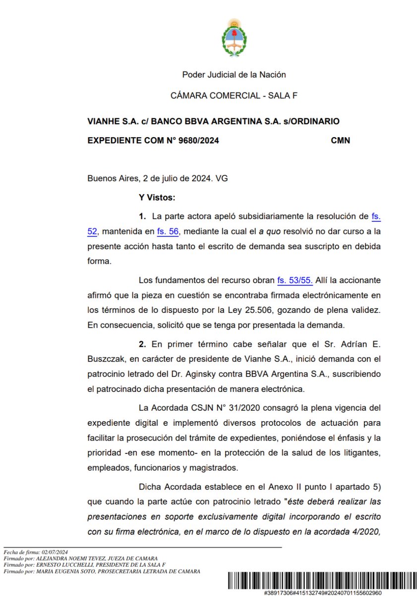 E_Procesal's tweet image. FIRMA ELECTRÓNICA - DEMANDA

Nuevo fallo de la C. Nac. Com., sala F, que admite el uso de firma electrónica en los escritos judiciales (en el caso, la demanda).
Bien por la Cámara y fundamentalmente bien por @arielaginsky, que viene trabajando mucho para que esto suceda! 💪🏾