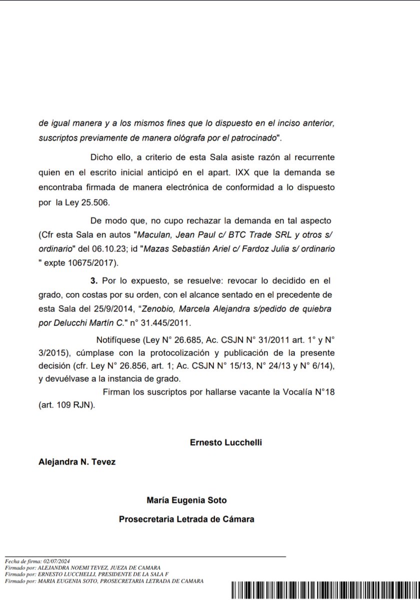 E-Procesal (@e_procesal) on Twitter photo FIRMA ELECTRÓNICA - DEMANDA
Nuevo fallo de la C. Nac. Com., sala F, que admite el uso de firma electrónica en los escritos judiciales (en el caso, la demanda).
Bien por la Cámara y fundamentalmente bien por <a href="/arielaginsky/">Ariel Aginsky</a>, que viene trabajando mucho para que esto suceda! 💪🏾 FIRMA ELECTRÓNICA - DEMANDA
Nuevo fallo de la C. Nac. Com., sala F, que admite el uso de firma electrónica en los escritos judiciales (en el caso, la demanda).
Bien por la Cámara y fundamentalmente bien por <a href="/arielaginsky/">Ariel Aginsky</a>, que viene trabajando mucho para que esto suceda! 💪🏾