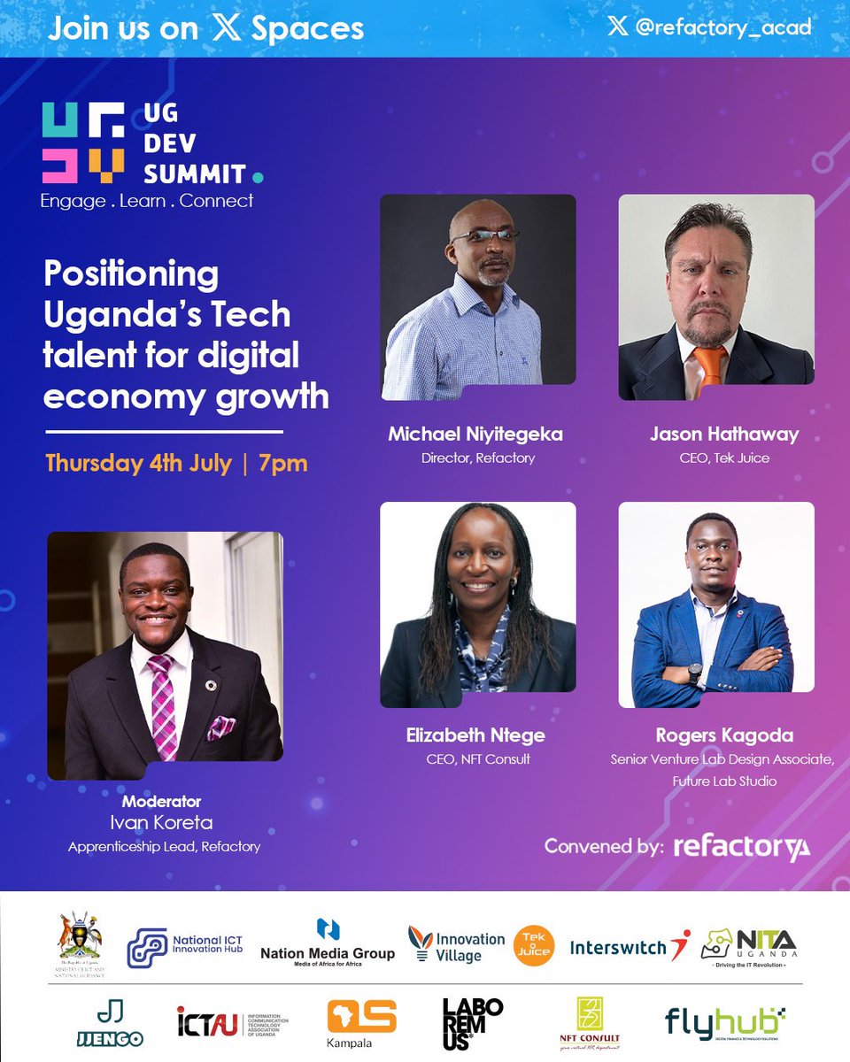 Hasan Love 💕 📈 (@theslayking) on Twitter photo Catch the space about “Positioning Uganda’s Tech talent for digital economy growth” moderated by <a href="/koretah/">Ivan - #ChangingTrends</a> from <a href="/refactory_acad/">Refactory Academy</a> tomorrow at 7.00pm.
#UGDevSummit #Engage #Learn & #Connect Catch the space about “Positioning Uganda’s Tech talent for digital economy growth” moderated by <a href="/koretah/">Ivan - #ChangingTrends</a> from <a href="/refactory_acad/">Refactory Academy</a> tomorrow at 7.00pm.
#UGDevSummit #Engage #Learn & #Connect