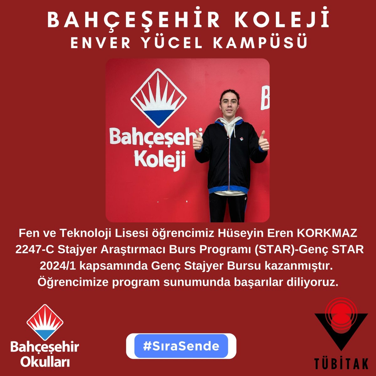 Fen ve Teknoloji Lisesi öğrencimiz Hüseyin Eren Korkmaz, 2247-C Stajyer Araştırmacı Burs Programı (Star)-Genç Star 2024/1 kapsamında Genç Stajyer Bursu kazanmıştır. Öğrencimize program sunumunda başarılar diliyoruz.