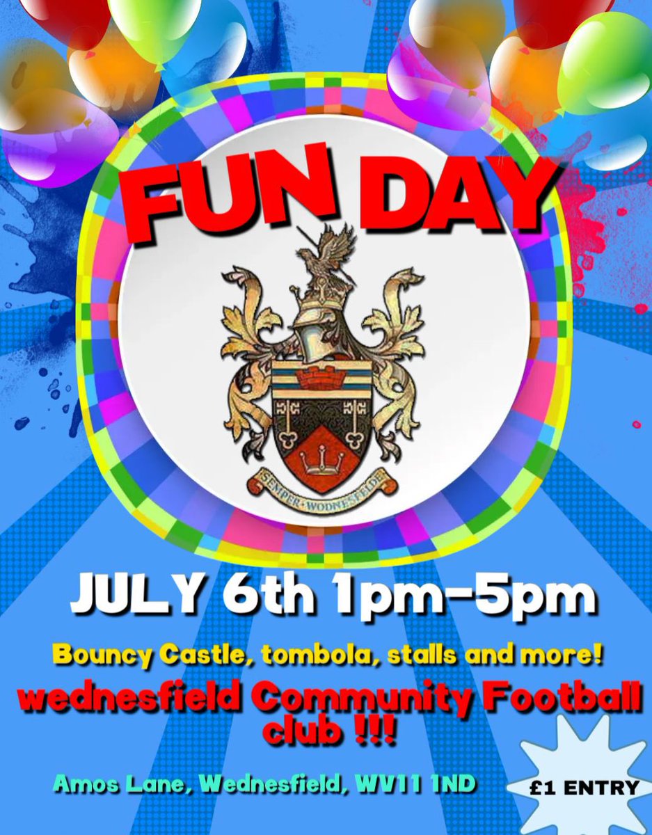 WednesfieldCFC's tweet photo. 📣📣Fun Day!!📣📣
Please come join us, more the merrier!
📆Saturday 6th July
📍Amos Lane
🕥1pm - 5pm
Bouncy castles, Stalls and much more!!!!

🔴⚫️📣📣Please share!📣����🔴⚫️ https://t.co/CVf0pQqWt4