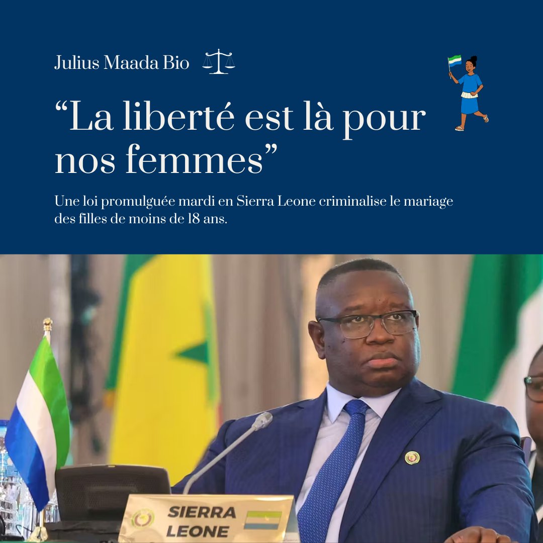 kanakonnect's tweet photo. Une grande victoire pour les #droits des filles en #SierraLeone  ! 🇸🇱 Le président #JuliusMaadaBio vient de promulguer une loi interdisant le #mariage des enfants, protégeant ainsi des milliers de jeunes filles. C'est un pas crucial vers un avenir plus égalitaire et prometteur. https://t.co/3NlkAjw30g