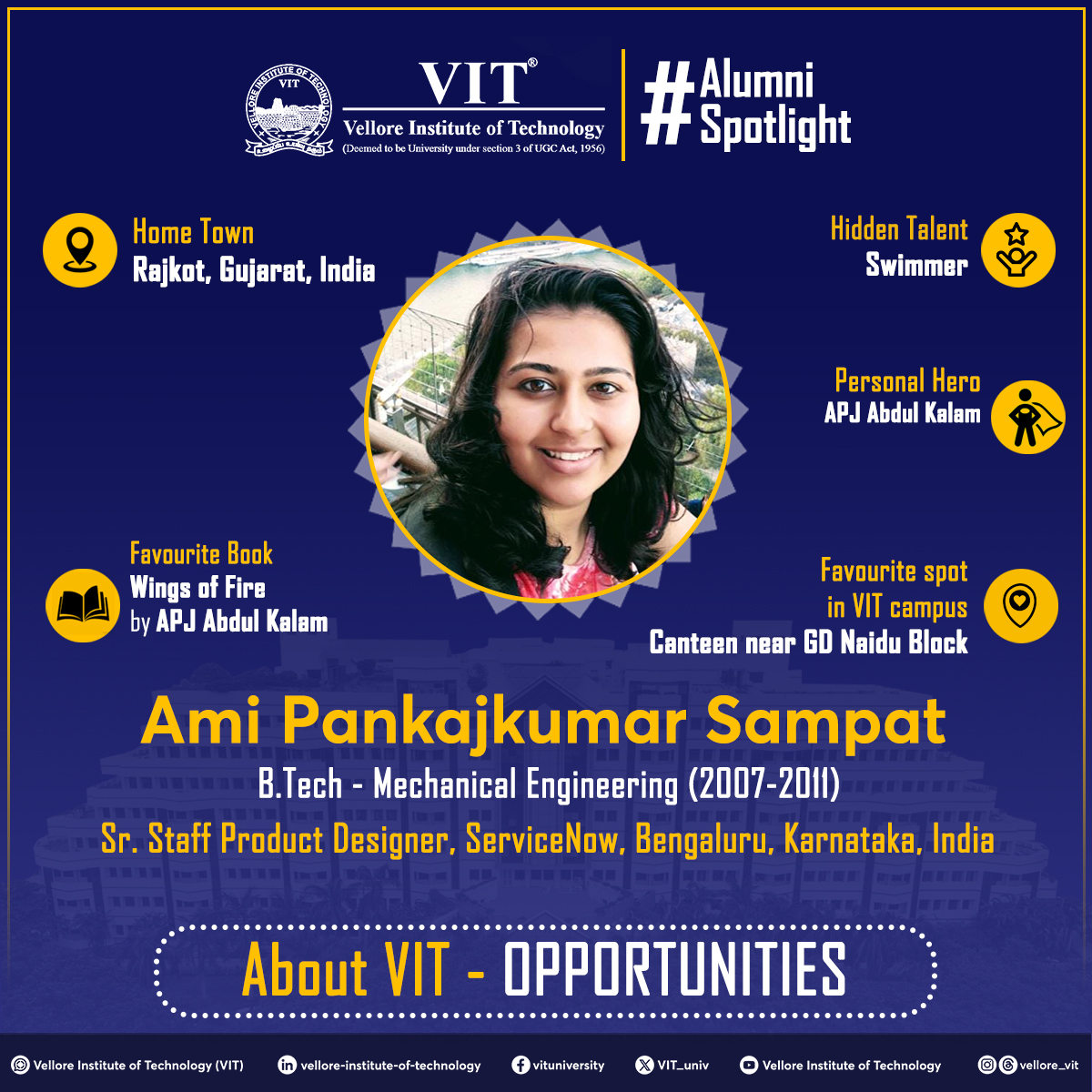 VIT_univ's tweet photo. This week's #AlumniSpotlight features Ms. Ami Pankajkumar Sampat, a #MechanicalEngineering #Alumni from the #classof2011. She is the Sr. Staff Product Designer for ServiceNow in Bengaluru, India.
#VIT #KnowYourAlumni #BTech #Bachelors #Engineering #OneFamily #Anbuden #VITAA https://t.co/UXWtmgzEwd
