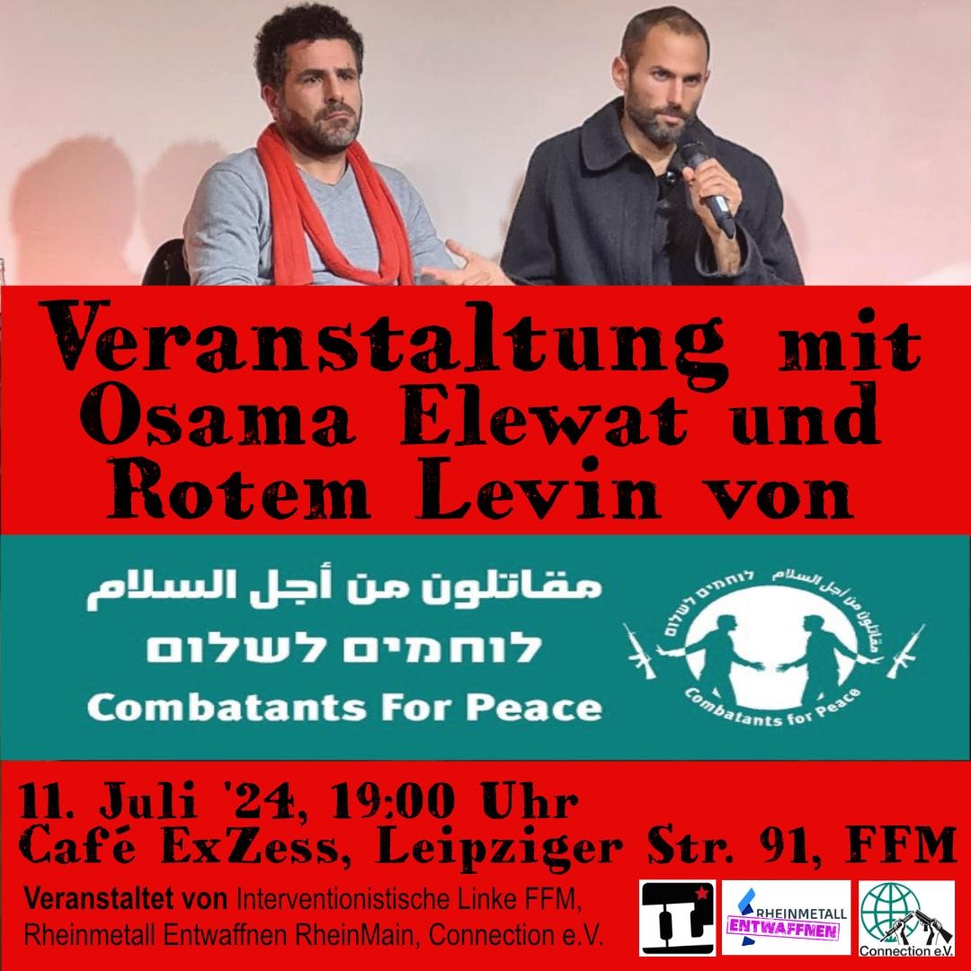 Wir laden Osama und Rotem zum Gespräch ein. 
Die beiden sind Mitglieder der Gruppe 'Combatants for Peace', bestehend aus ehemaligen israelischen Militärangehörigen und palästinensischen Militanten, die gemeinsam für die Hoffnung auf Dialog und einen gerechten Frieden eintreten.