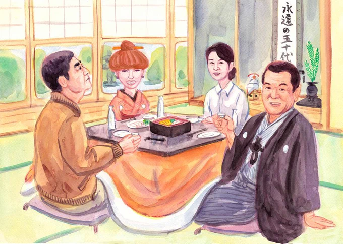 #この並び嫌いな人いない説この絵を描いた当時はみんな若かった(11年前、健康雑誌の見開きで描いた)。年齢は当時。高倉健82歳、黒柳徹子79歳、吉永小百合68歳、加山雄三75歳。「いやぁ〜、うまいなぁ〜。ボクはぁ、こんな調子で、ちびちび酒飲んでるのが、一番しあわせなんだ〜」by雄三 