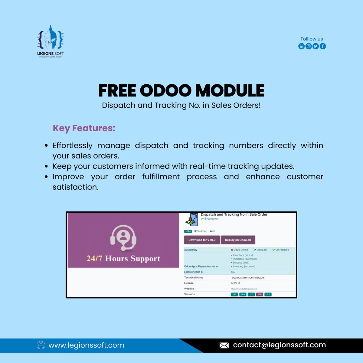 Legions_Soft's tweet image. Introducing Our New Free Odoo Module: Dispatch and Tracking No. in Sales Orders! 📦🔍

🔗 Download Now: apps.odoo.com/apps/modules/1…  

#Odoo #SalesOrderManagement #FreeModule #DispatchAndTracking #LegionsSoft #BusinessAutomation #CustomerSatisfaction
