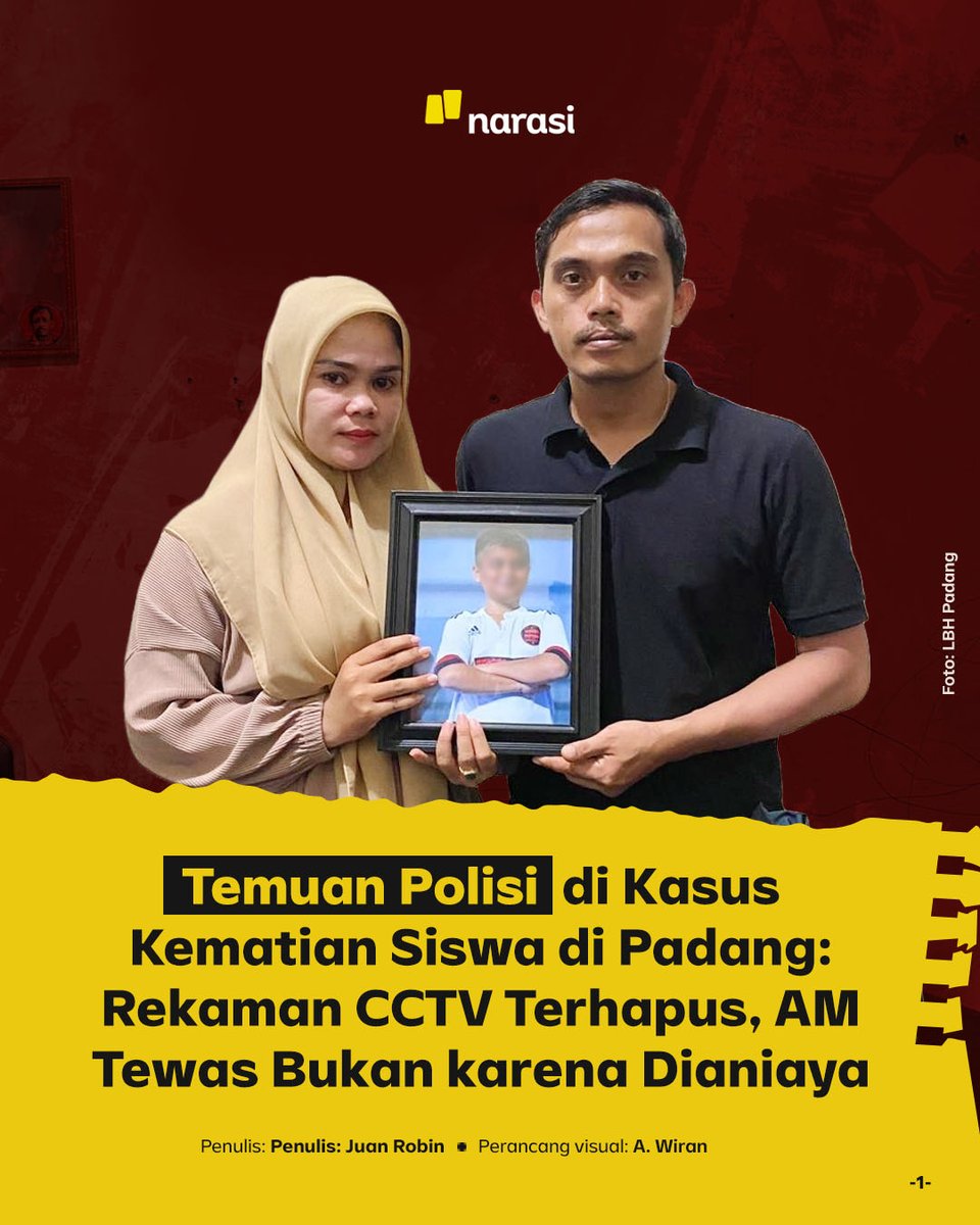 NarasiNewsroom's tweet photo. Kasus kematian AM bikin hati pedih. Seorang bocah berusia 13 tahun ditemukan meninggal di bantaran sungai.

Mirisnya, polisi lagi-lagi berdalih bahwa CCTV terhapus dan membantah ia tewas dianiaya. Padahal,  LBH Padang menemukan hal sebaliknya.

Utas https://t.co/cUl6RjH47u