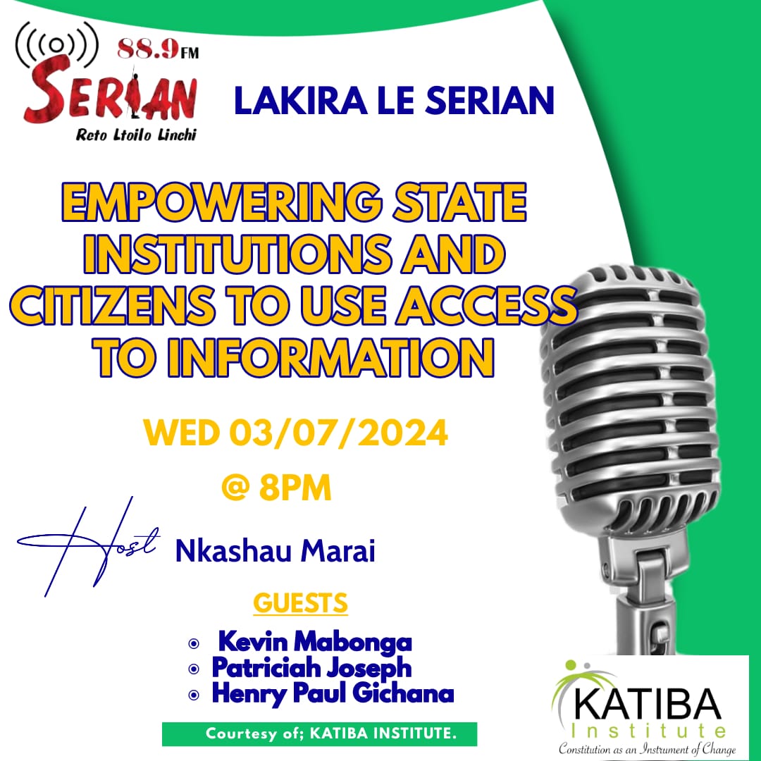 Today from <a href="/8pm/">8pm</a>, our team <a href="/hp_gichana/">HP Gichana, LLD</a> <a href="/PatriciahJoseph/">Patriciah Joseph</a> &amp; <a href="/Kevinmabonga1/">Kevin Mabonga</a> will engage #Samburu residents on the importance of access to information in promoting good governance <a href="/SerianFM/">Serian F.M</a>

Join the conversation 

#IDeserveToKnow