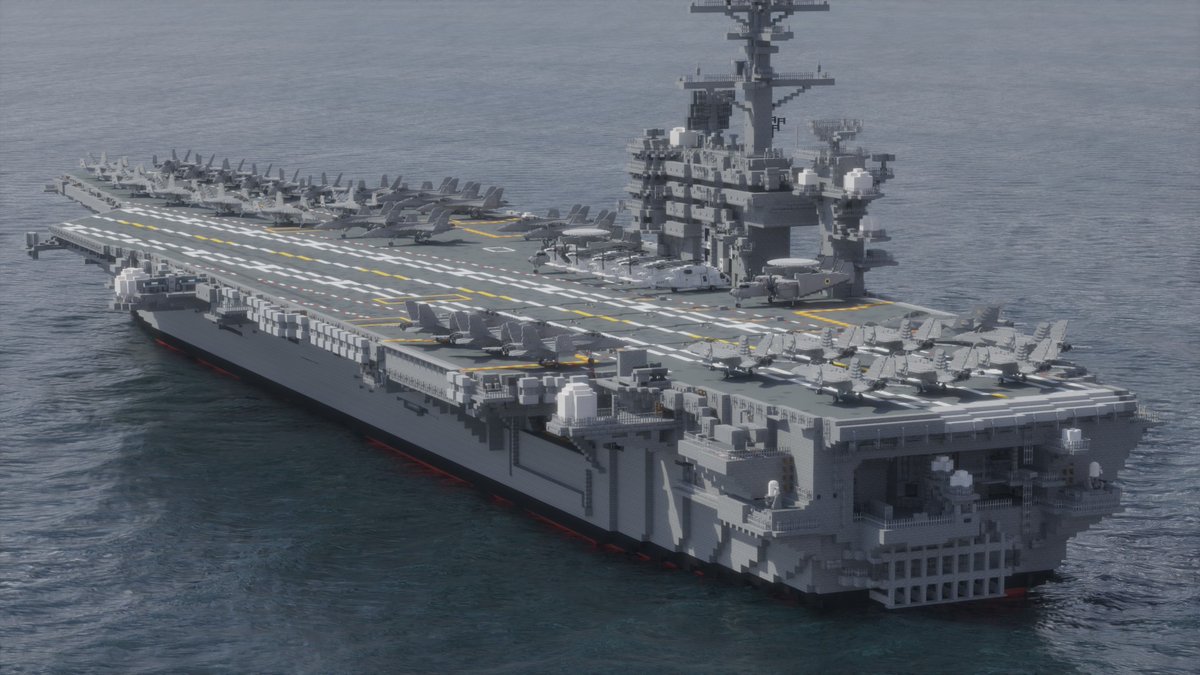 pengui_in777's tweet image. 原子力航空母艦　凰龍(CVN-57)
ペンギン帝国海軍の中核を担う大型空母。原子力で稼働するその船体には最大で約70機もの航空機を搭載可能となっています。同型艦は凰龍と赤龍の２隻。モデルは勿論ニミッツ級。アメリカ空母大好き♡
#マインクラフト軍事部