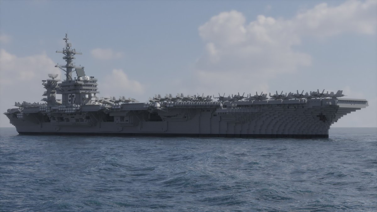 pengui_in777's tweet image. 原子力航空母艦　凰龍(CVN-57)
ペンギン帝国海軍の中核を担う大型空母。原子力で稼働するその船体には最大で約70機もの航空機を搭載可能となっています。同型艦は凰龍と赤龍の２隻。モデルは勿論ニミッツ級。アメリカ空母大好き♡
#マインクラフト軍事部