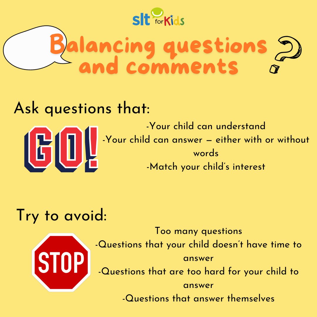 As adults, we find lots of questions overwhelming &amp; children feel the same!❓

Try balancing your questions and comments, so you are asking 1 questions for every 4 comments.💬💬

Keep your eyes peeled for more Speech and Language tips.

#SpeechAndLanguageTherapy #SLTForKids #SLCN