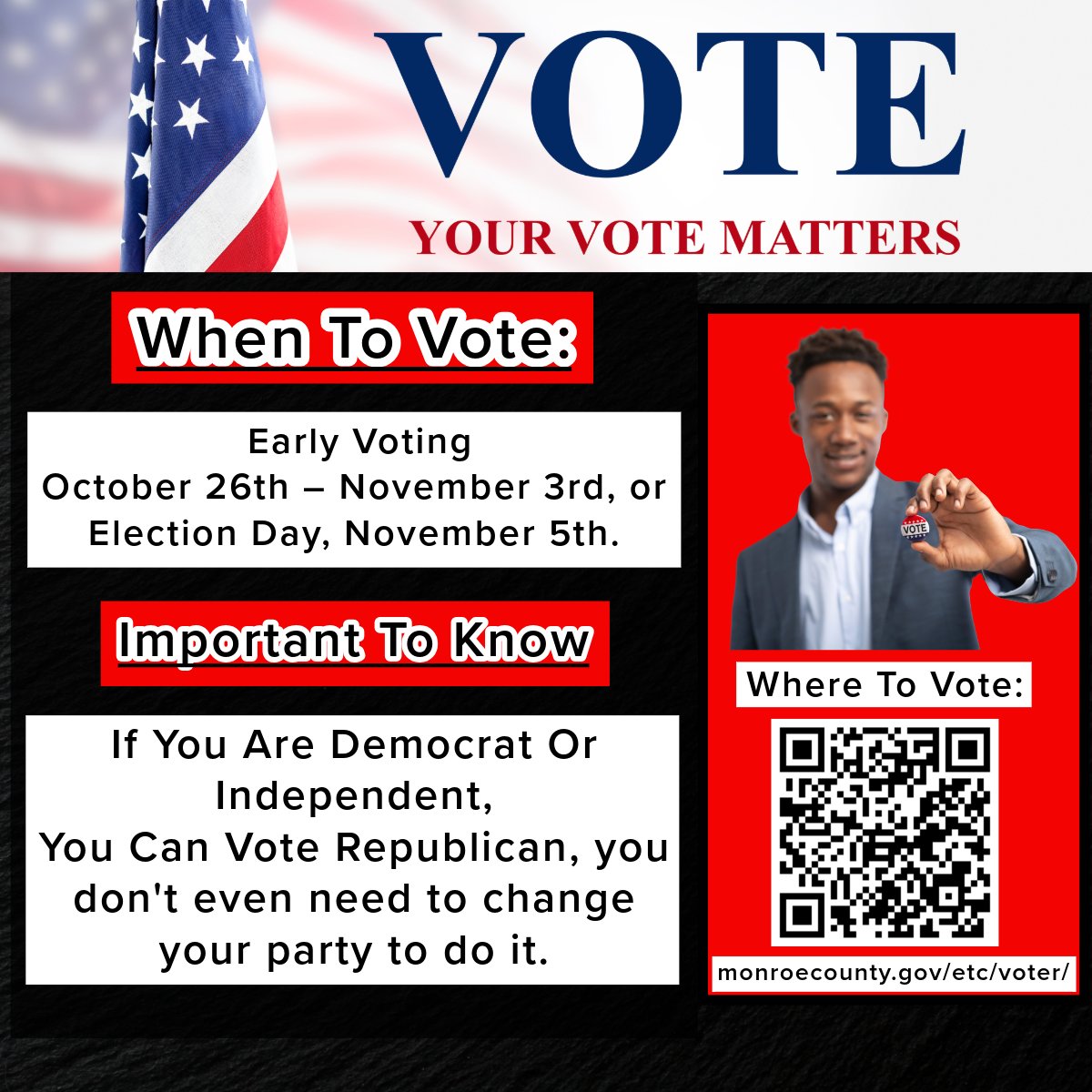 Marcus4Roc's tweet photo. If You Are Democrat Or Independent, You Can Vote Republican, You Don't Even Need To Change Your Party.
Early Voting Oct 26- Nov 3rd
Election Day November 5th
#Vote #VoteForRealChange https://t.co/DBwjkmTg3N