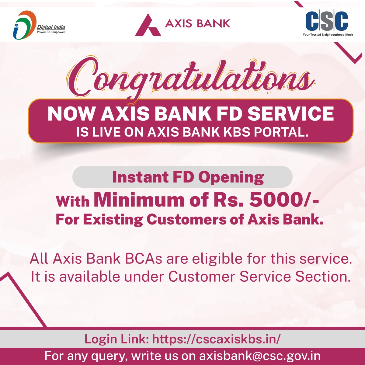 Congratulations!!!

Now FD Services is live on Axis Bank KBS portal.

Now Axis Bank BCAs can earn more by generating FDs for all existing Axis Bank saving account holders customers. 

Axis KBS Login Link: cscaxiskbs.in

For any query, write us on axisbank@csc.gov.in