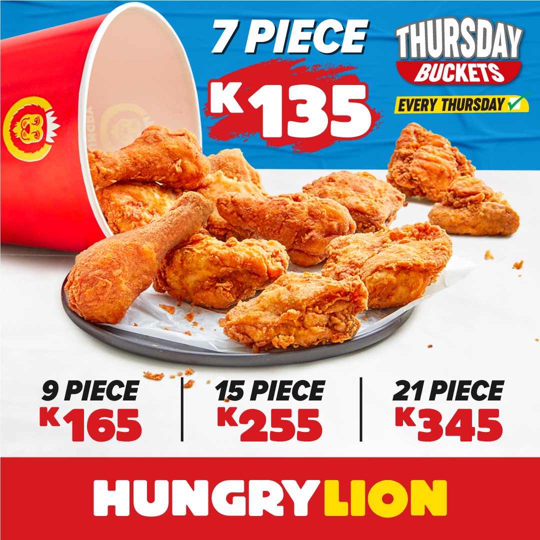 HungryLionZM's tweet photo. πThursday is Bucket Day! π Get yours now β π from 7 BIGGER piecesππ₯ for K135 to 21 pieces for K345! π Available at all stores, every Thursday. #ThursdayBuckets #HungryLikeALion https://t.co/n4dHSVKmZb