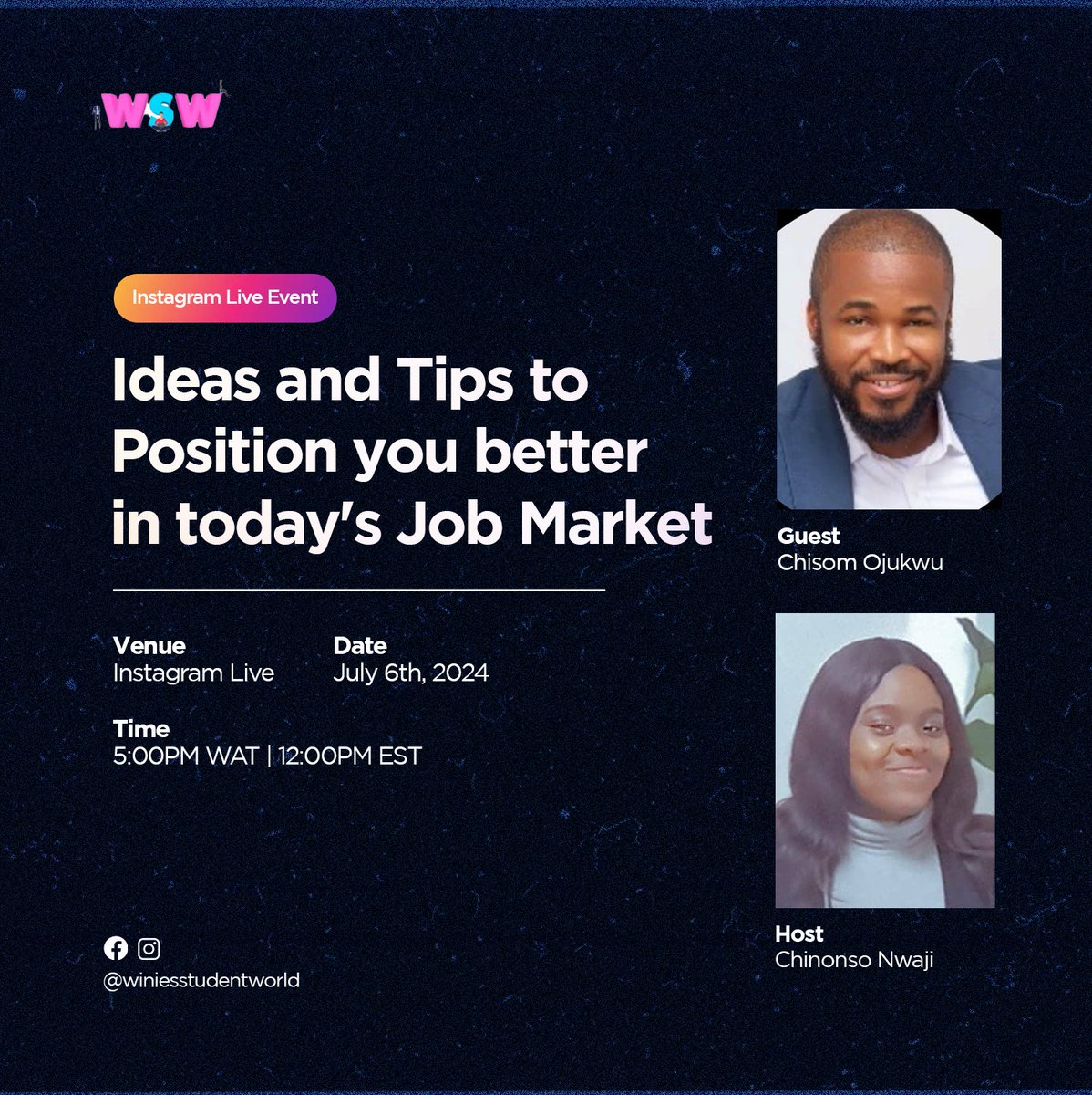 WStudentWorld's tweet image. Join us for an Interactive Instagram Live session this SATURDAY, July 6th, 2024 at 12 PM EST / 5 PM WAT!

Save the date and set your reminders Tribe!

Don&apos;t miss out - follow us and tune in live!

#CareerBoost #JobMarketTips #InstagramLive #CareerGrowth #ProfessionalDevelopment