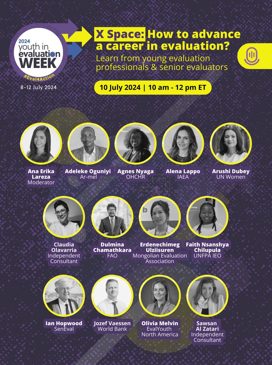 🎙️Voice to intergenerational partnership in #evaluation!

Young &amp; senior evaluators will discuss what works to advance a career in #evaluation

Join #Eval4Action Youth in Evaluation week 2024, X space dialogue on 📍10 July,  10AM-12PM ET

Set a reminder🔔
eval4action.org/howtoadvanceac…