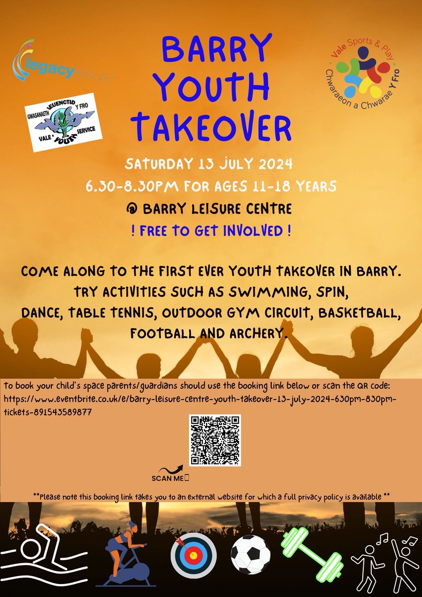 Vale Sports Team||Tim Chwaraeon y Fro (@valesportsteam1) on Twitter photo ⭐BARRY YOUTH TAKEOVER ⭐
When - 13 July 2024, 6.30-8.30pm
Where - Barry Leisure Centre
Who - Age 11+
To book click here - eventbrite.co.uk/.../barry-leis…... @VALEFIS <a href="/vysvale/">Vale Youth Service</a> @movemoreeatwell ⭐BARRY YOUTH TAKEOVER ⭐
When - 13 July 2024, 6.30-8.30pm
Where - Barry Leisure Centre
Who - Age 11+
To book click here - eventbrite.co.uk/.../barry-leis…... @VALEFIS <a href="/vysvale/">Vale Youth Service</a> @movemoreeatwell