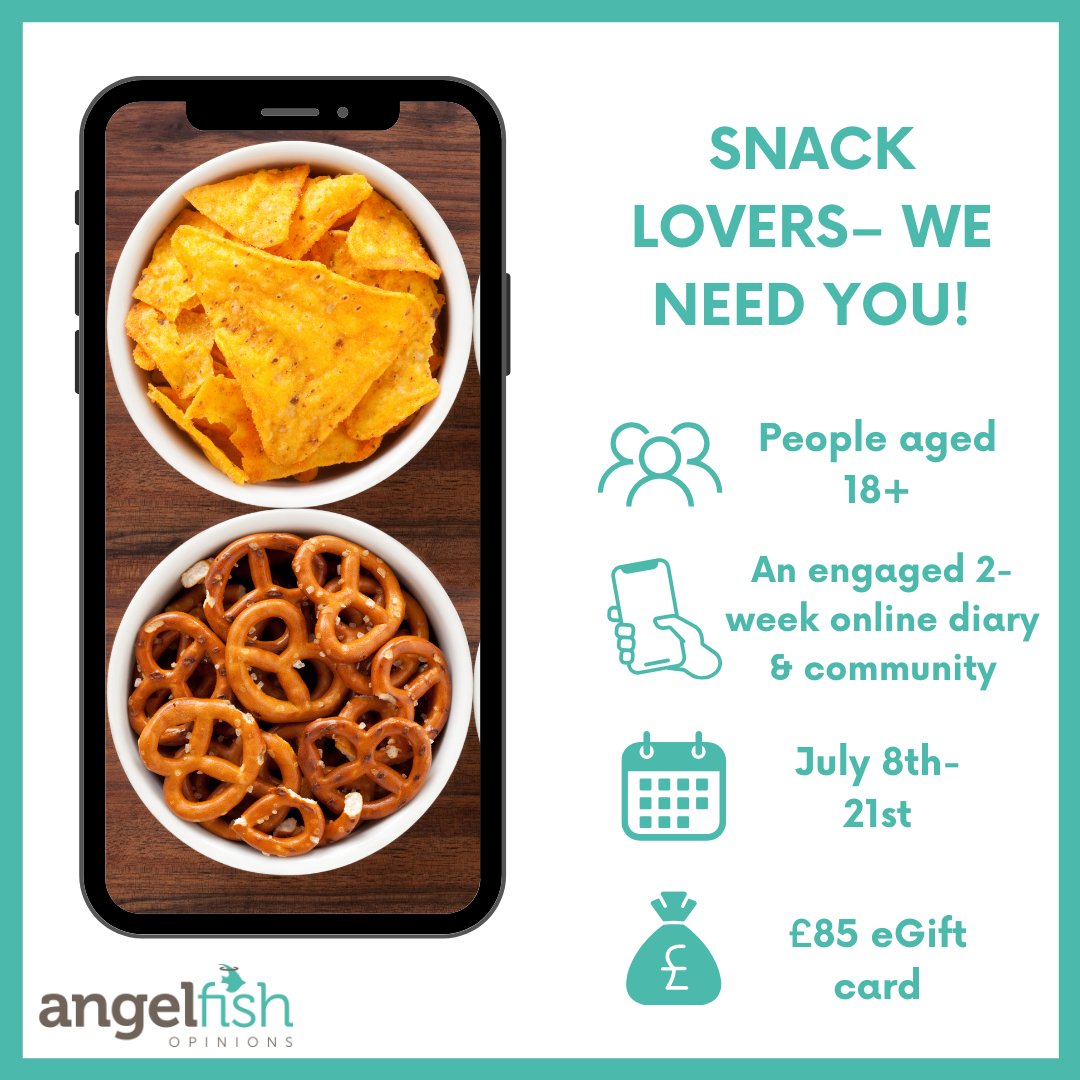 thisisangelfish's tweet photo. CHAT TO US ABOUT YOUR SNACKING HABITS! 🍫 

Our client wants to understand more about your snacking habits through an engaging online diary and community!  

APPLY: https://t.co/lv7oh3EhSr 

#paidmarketresearch #haveyoursay https://t.co/5vG4Wgmf0A