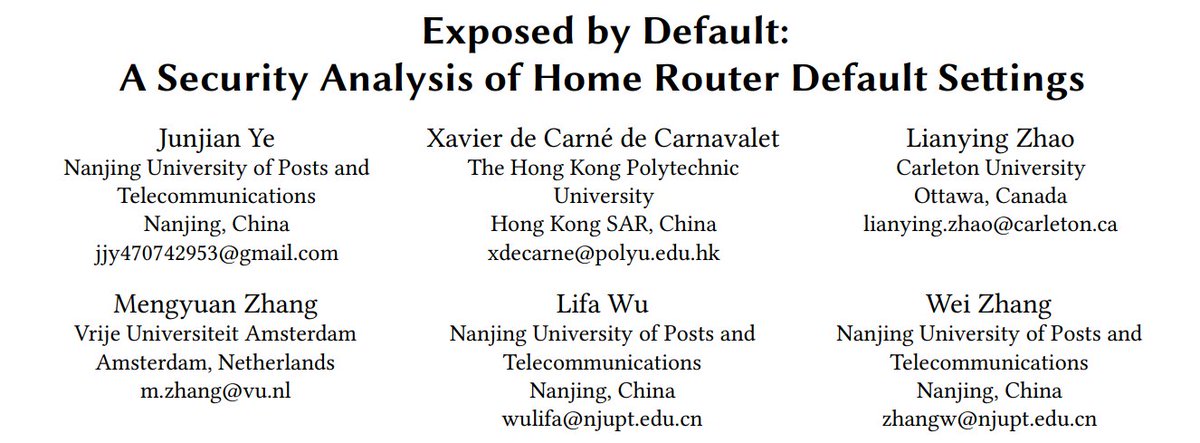 xavier2dc's tweet image. Today my student Junjian presented our paper at #AsiaCCS: Exposed by Default: A Security Analysis of Home Router Default Settings. xavier2dc.fr/papers/routers…
We proposed an evaluation framework for default settings and behaviors in home routers and tested 40 routers from 14 brands.