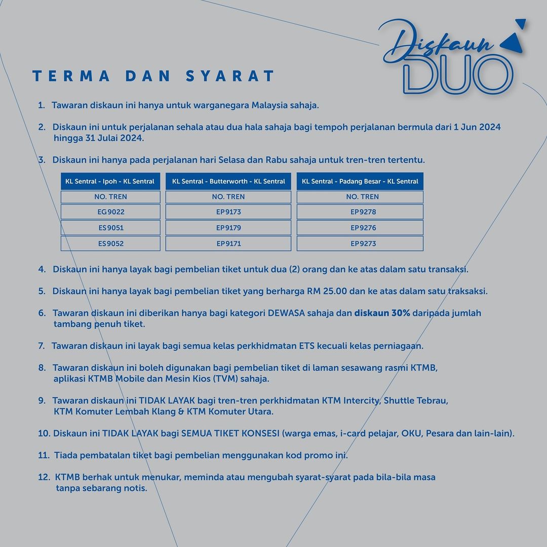 Yang selalu travel naik ETS tu, jangan lupa apply PROMO CODE DUOJUN/DUOJULAI sebelum buat payment taw..
Dapat 30% OFF weyhh 😍😍😍

#railwaytoseemalaysia
#rtsm
#inspiringmomentbyktmb
#etskanada
#traintodabong