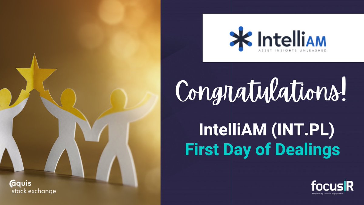 focusIR (@_focusir_) on Twitter photo A huge congrats to <a href="/intelliamAI/">IntelliAM AI</a> on their first day of dealing on <a href="/AquisStockEx/">Aquis Stock Exchange</a>.
The placing price was at 94p and currently the share price is up at 105p.
#INT #AI #AQUIS A huge congrats to <a href="/intelliamAI/">IntelliAM AI</a> on their first day of dealing on <a href="/AquisStockEx/">Aquis Stock Exchange</a>.
The placing price was at 94p and currently the share price is up at 105p.
#INT #AI #AQUIS