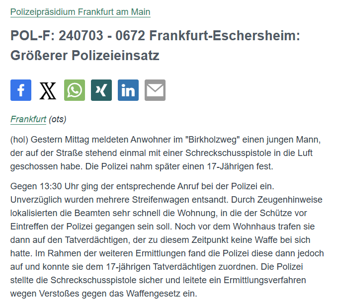 Polizei_Ffm's tweet photo. #Frankfurt
Gestern meldete ein Anwohner des #Birkholzweg in #Eschersheim seine Beobachtungen der Polizei:
Ein junger Mann habe auf der Straße mit einer Schreckschusspistole in die Luft geschossen.
Sofort entsandte Streifen nahmen einen 17-jährigen Tatverdächtigen fest ➡️Verstoß gg. das #Waffengesetz.
PM: https://t.co/EWlxd8fxYd