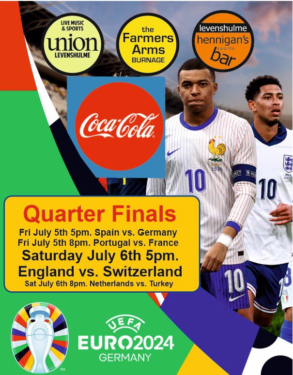 #euro2024 #quarterfinals start Friday 5pm - Come and support your favourite team in your local